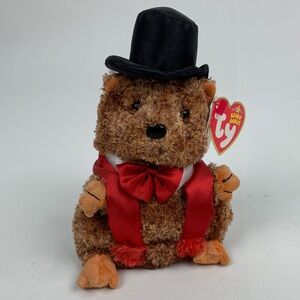 Ty Original 2007 Punxsutawney Phil Beanie Baby Brown Plush Black Hat and Red Bow